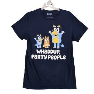 Bluey Whaddup Party People Graphic T-Shirt Men's M Short Sleeve Navy Crew Dad